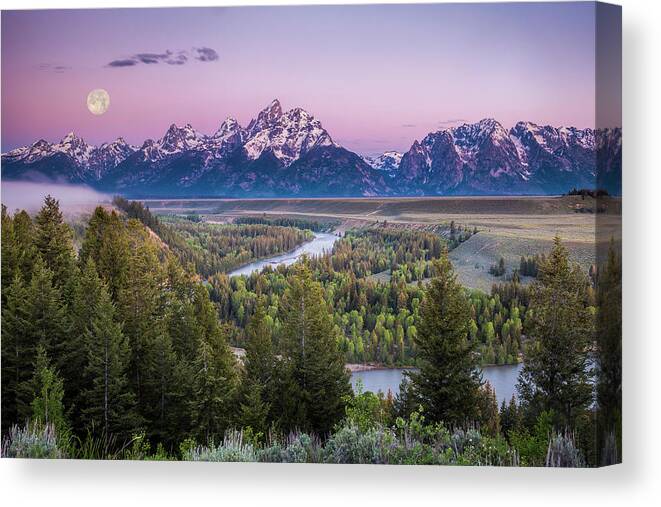Grand Teton Canvas Print featuring the photograph Full Moon over the Mountains by Andrew Soundarajan