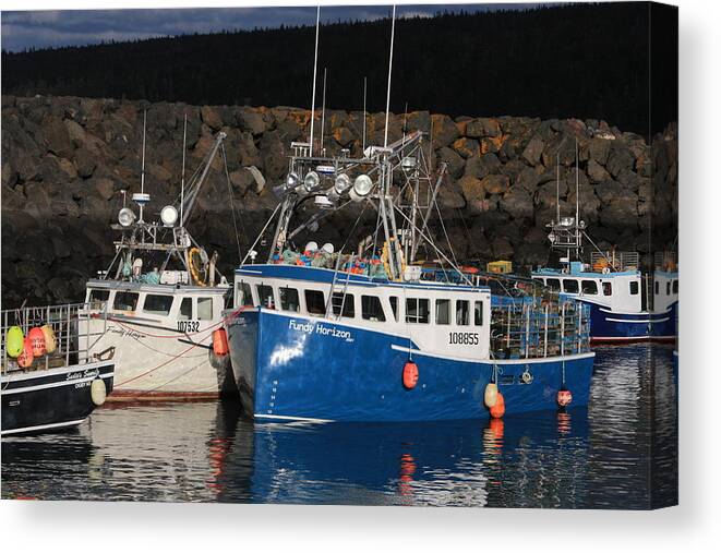 Habour Bits Sea Ocean Land Red Blue Pier Jetty Mooring Nova Scotia Loading Canvas Print featuring the photograph Fundy by David Matthews