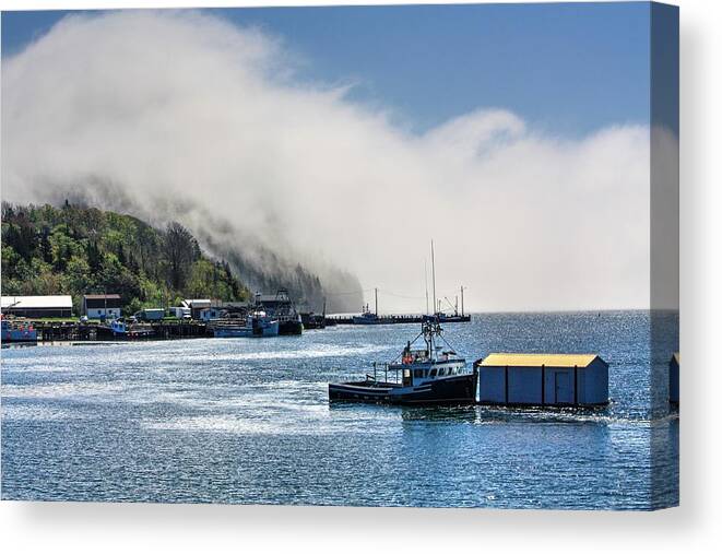 Sandy Cove Nova Scotia Fog Mist Boats Sea Fundy Bay Bay Of Fundy St Mary’s Bay Hills In Mist Canvas Print featuring the photograph Fundy Fog by David Matthews
