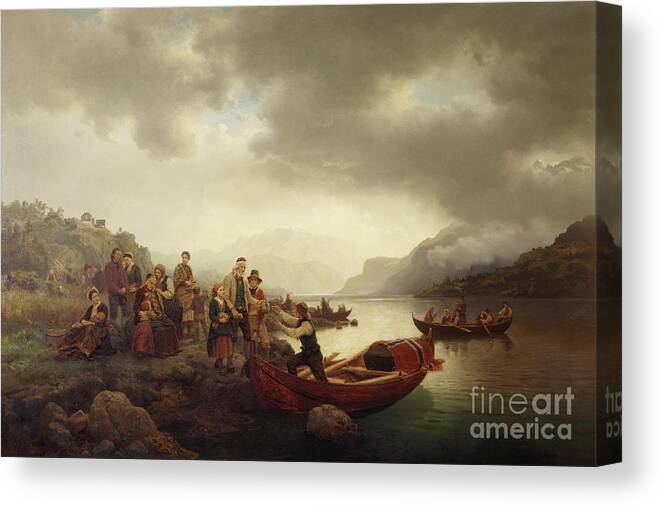 Hans Gude Canvas Print featuring the painting Funeral on Sognefjord, 1853 by O Vaering by Hans Gude and Adolph Tidemand