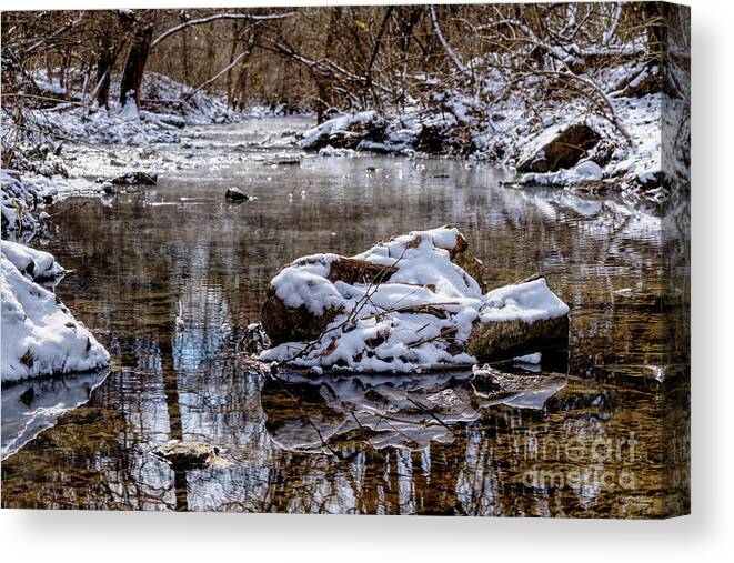 Springfield Mo Canvas Print featuring the photograph Galloway Snow Covered Rock by Jennifer White