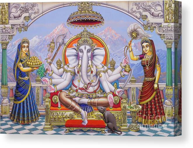 Ganesha Canvas Print featuring the painting Ganapati with Siddhi and Buddhi by Vrindavan Das