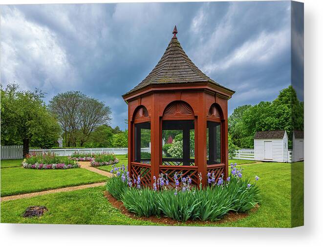 Colonial Williamsburg Canvas Print featuring the photograph Gazebo with Irises by Rachel Morrison