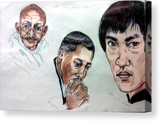 Black Art Canvas Print featuring the drawing Ghandi, King, and Lee by Joedee