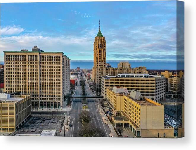 Detroit Canvas Print featuring the photograph GM and the Fisher Building DJI_0825 by Michael Thomas