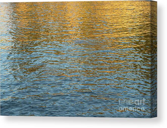 Mediterranean Sea Canvas Print featuring the photograph Golden and blue water surface at sunrise. Mediterranean Sea by Adriana Mueller