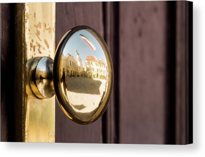 Ancient Canvas Print featuring the photograph Golden doorknob reflecting the historical inner town of Sopron by Viktor Wallon-Hars