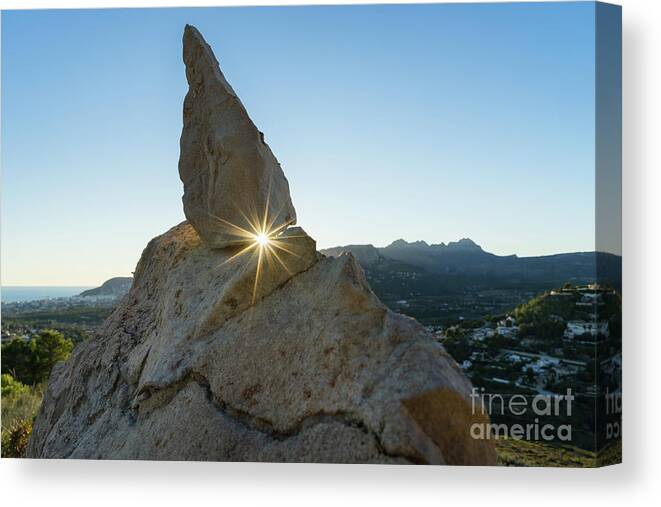 Mountain Landscape Canvas Print featuring the photograph Golden sunbeams, rocks and blue sky by Adriana Mueller