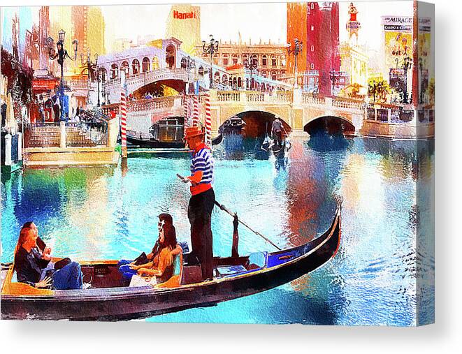 Venice Las Vegas Canvas Print featuring the mixed media Gondola rides at the Venetian Las Vegas by Tatiana Travelways