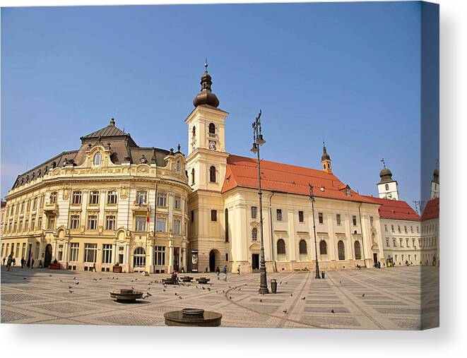 Scenics Canvas Print featuring the photograph Great Square, one of the three beautiful squares in the historical center of the upper town of Sibiu, Romania by Sebastian Condrea