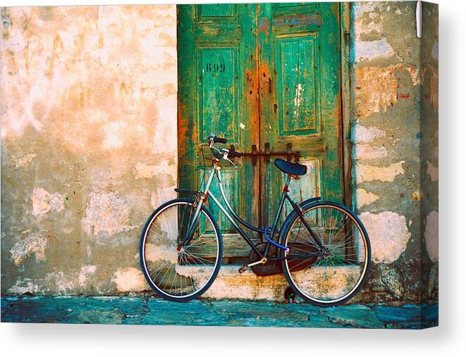 Greece Canvas Print featuring the photograph Green Door / Bicycle by Claude Taylor