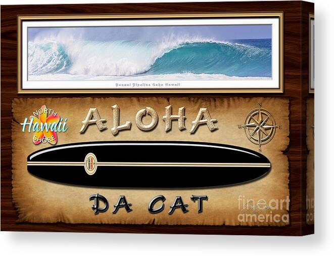 Historic Surfboards Canvas Print featuring the photograph Greg Noll - A tribute to Big Wave Surfing Pioneers famous Da Cat Design by Aloha Art