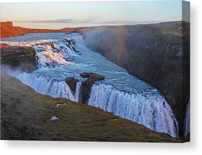 Gullfoss Canvas Print featuring the photograph Gullfoss Waterfall Rainbow Thingvellir National Park Iceland by Toby McGuire