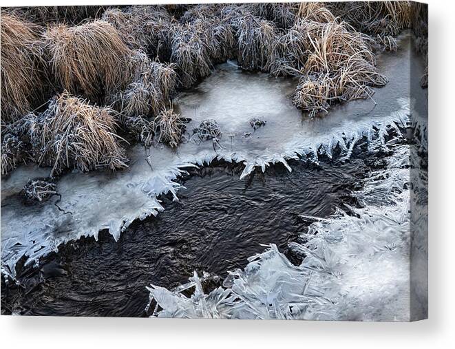 Ice Canvas Print featuring the photograph Half Frozen Creek by Karen Rispin