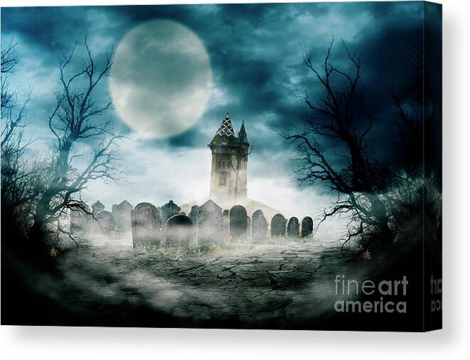 Halloween Canvas Print featuring the photograph Halloween composition design with scary dark forest, haunted house and graveyard. by Jelena Jovanovic