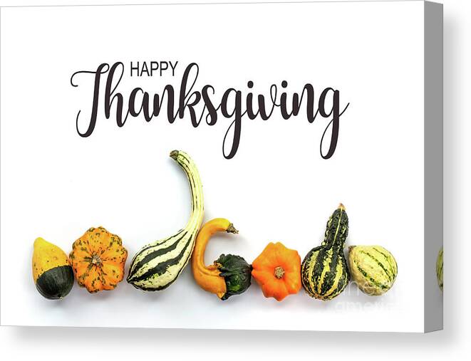 Thanksgiving Canvas Print featuring the photograph Happy Thanksgiving gourds card by Delphimages Photo Creations