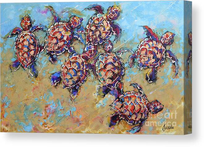 Hawksbill Sea Turtles Babies Canvas Print featuring the painting Hawksbill Sea Turtles Babies by Jyotika Shroff