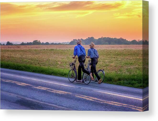 Amish Country Canvas Print featuring the photograph Heading Home at Sunset by Susan Rissi Tregoning