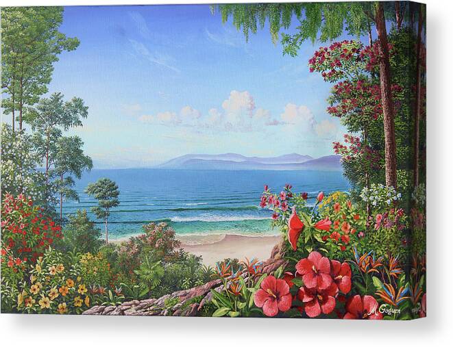 Hibiscus Canvas Print featuring the painting Hibiscus and Birds of Paradise by Michael Goguen