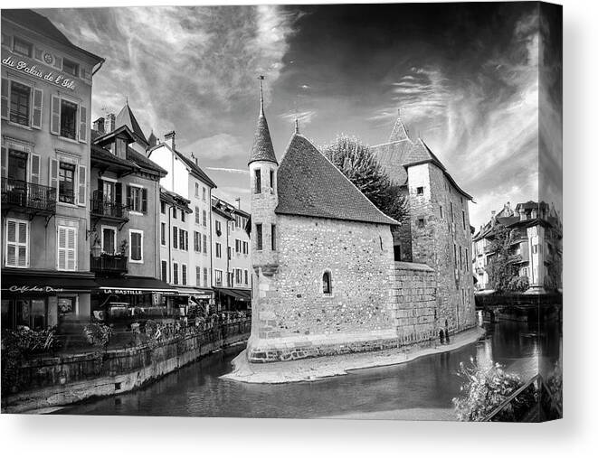 Annecy Canvas Print featuring the photograph Historic Architecture of old Annecy France Black and White by Carol Japp