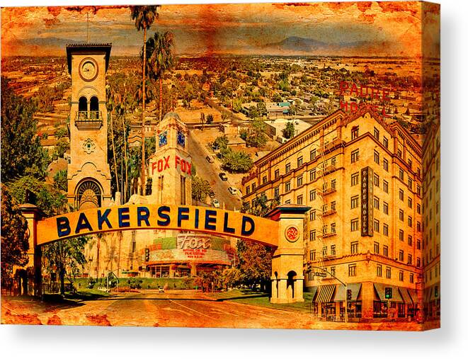 Bakersfield Canvas Print featuring the digital art Historical buildings of Bakersfield, California, blended on old paper by Nicko Prints