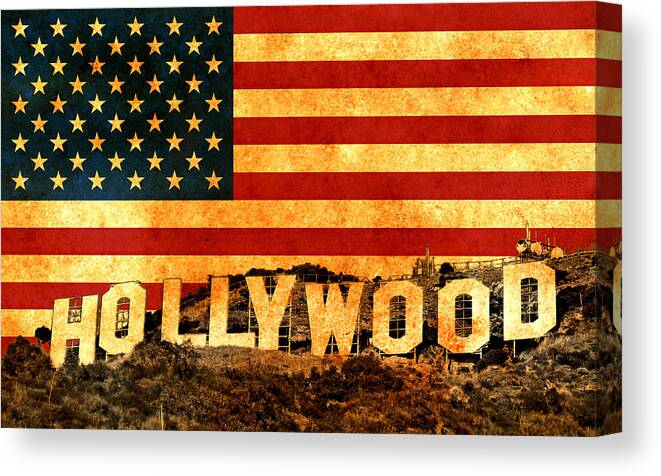 Hollywood Canvas Print featuring the digital art Hollywood sign blended with the American flag and printed on old paper texture by Nicko Prints