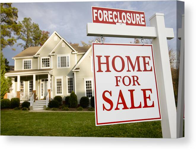 Crisis Canvas Print featuring the photograph Home with foreclosure sign in front yard by Ariel Skelley