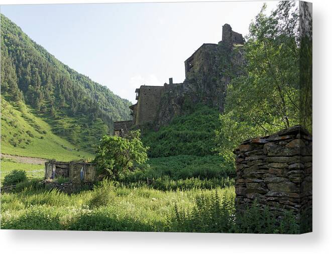 Outdoors Canvas Print featuring the photograph Houses of Shatili in the Shatili valley, Georgia by Vyacheslav Argenberg