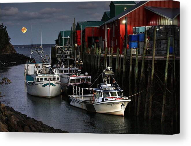 Hunter Moon Arising Little River Nova Scotia Digby Neck Water Sea Shore Moon Wharf Boats Fish Shacks Canvas Print featuring the photograph Hunter Moon Arising by David Matthews