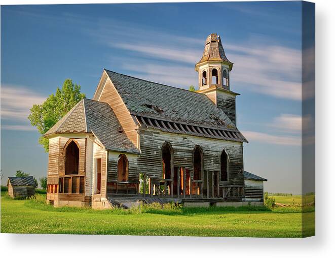 Hurricane Lake Canvas Print featuring the photograph Hurricane Lake Lutheran Church in Pierce County ND - long exposure by Peter Herman