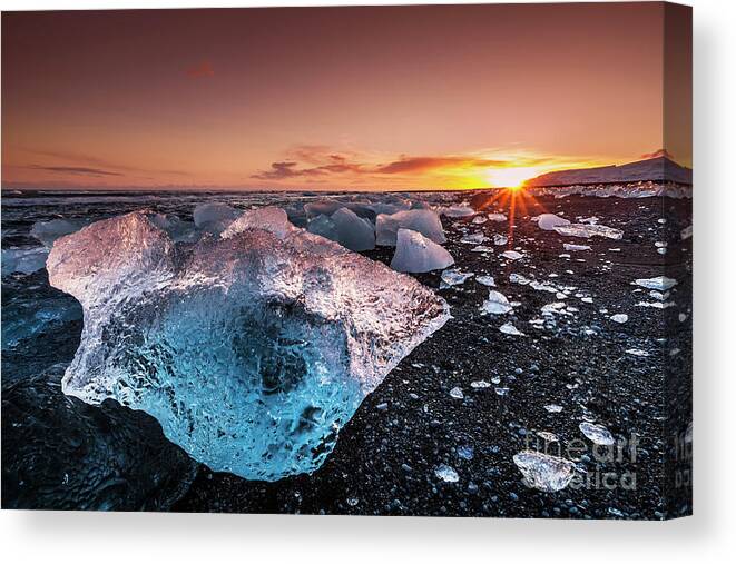 Iceland Canvas Print featuring the photograph Icebergs on Jokulsarlon Beach at Sunset, Iceland by Neale And Judith Clark
