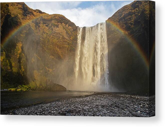 Iceland Canvas Print featuring the photograph Iceland Skogafoss Full Rainbow Skogar Iceland Close by Toby McGuire