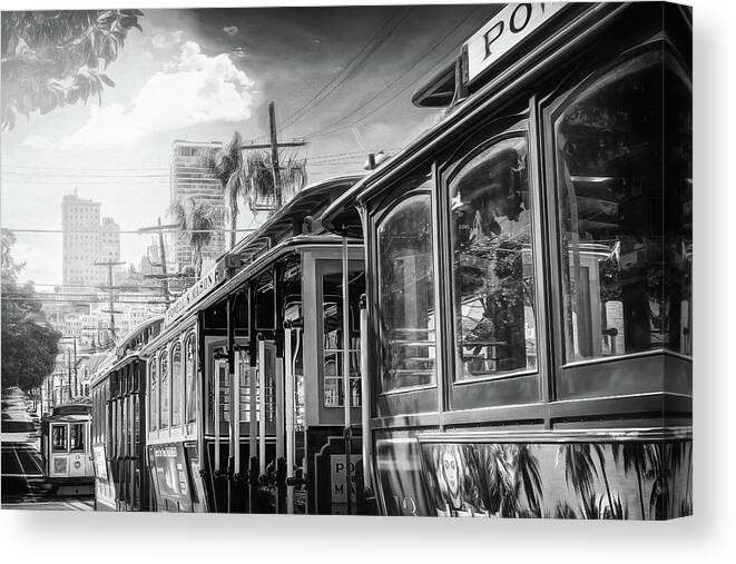 San Francisco Canvas Print featuring the photograph Iconic Cable Cars of San Francisco Black and White by Carol Japp