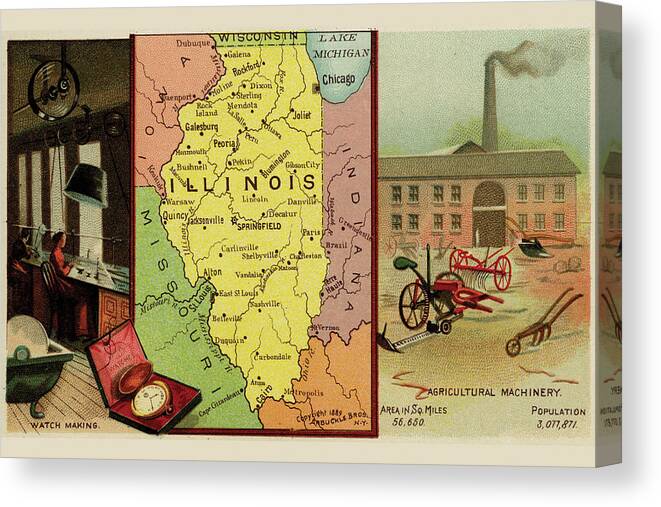 Maps Canvas Print featuring the drawing Illinois by Arbuckle Brothers