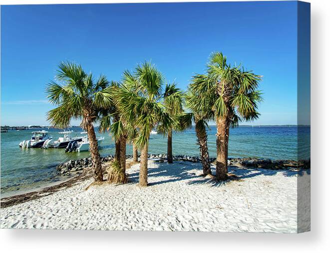 Island Canvas Print featuring the photograph Island Palm Trees and Boats, Pensacola Beach, Florida by Beachtown Views