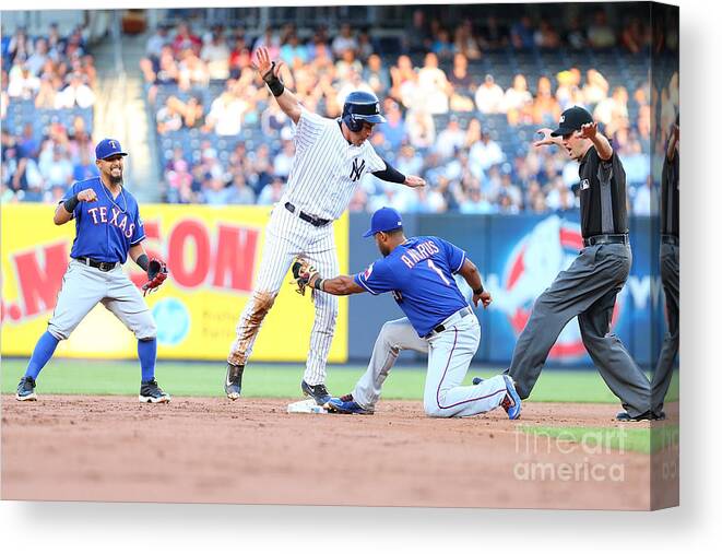 People Canvas Print featuring the photograph Jacoby Ellsbury and Elvis Andrus by Mike Stobe