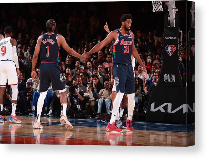 James Harden Canvas Print featuring the photograph James Harden and Joel Embiid by Nathaniel S. Butler