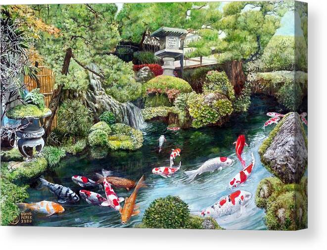 Japanese Koi Pond Canvas Print featuring the painting Japanese Koi Pond by Bong Perez