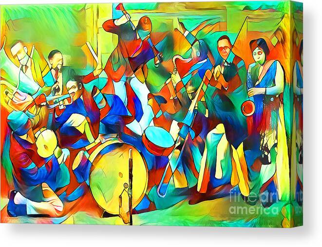 Wingsdomain Canvas Print featuring the photograph Jazz Band of The Roaring 1920s in Contemporary Vibrant Painterly Colors 20200516v1 by Wingsdomain Art and Photography