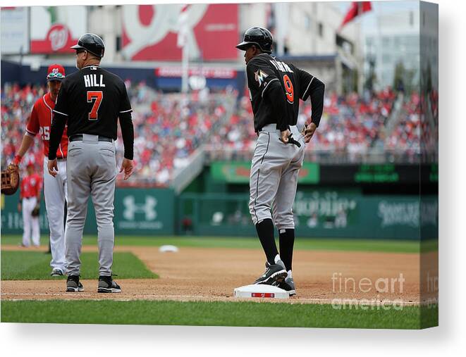 American League Baseball Canvas Print featuring the photograph Joe Dimaggio and Juan Pierre by Jonathan Ernst