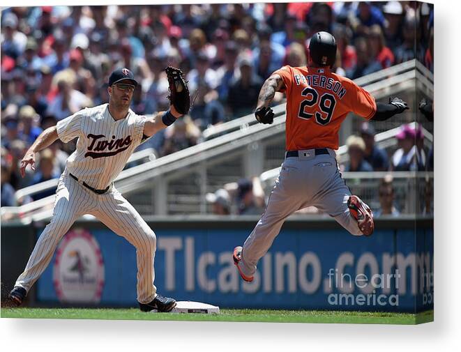 Second Inning Canvas Print featuring the photograph Joe Mauer and Jace Peterson by Hannah Foslien