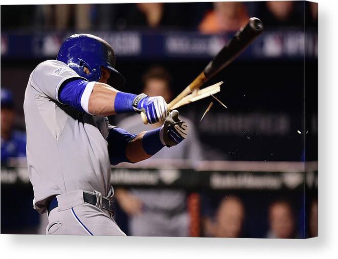 American League Baseball Canvas Print featuring the photograph Jonathan Schoop and Alex Gordon by Patrick Smith
