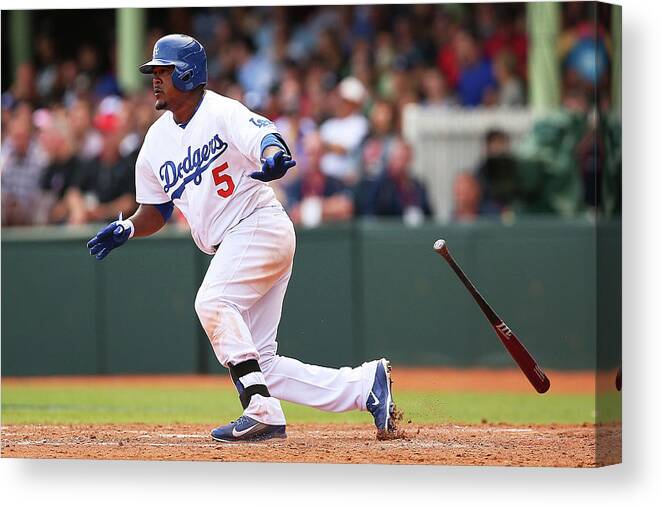Los Angeles Dodgers Canvas Print featuring the photograph Juan Uribe by Brendon Thorne
