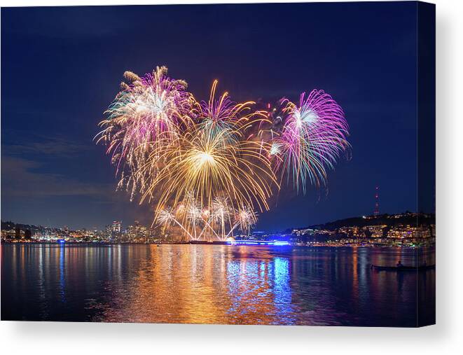 Outdoor; Firework; Celebration; July 4th; Independence Day; Seattle; Post Corvid-19; Gas Works Park; Lake Union; Space Needle; Downtown; Downtown Seattle; Washington Beauty Canvas Print featuring the digital art July 4th Celebration at Gas Works Park by Michael Lee