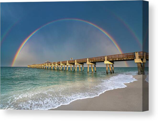 Juno Beach Pier Canvas Print featuring the photograph Juno Beach Pier Rainbow June 19 2020 by Kim Seng