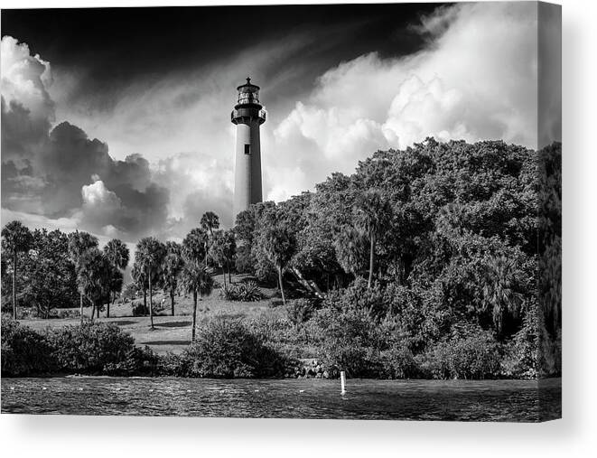 Lighthouses Canvas Print featuring the photograph Jupiter Lighthouse bw by Laura Fasulo
