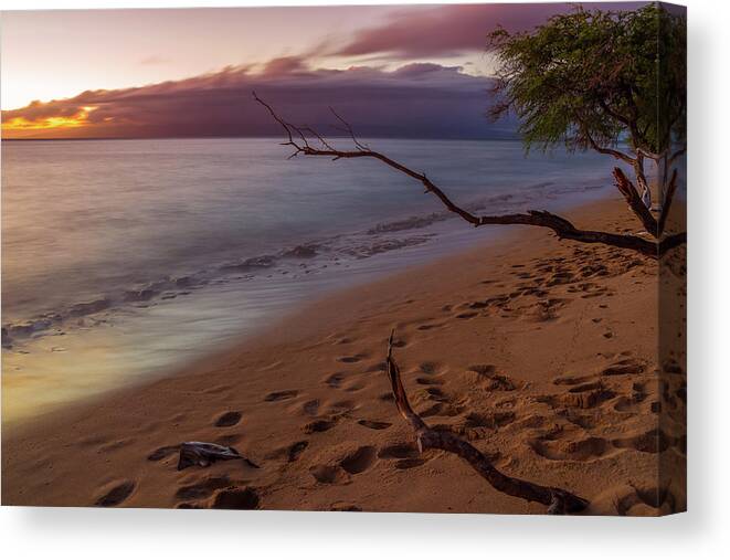Bucket List Canvas Print featuring the photograph Kaanapali Beach Maui Sunset Footprints by Scott McGuire