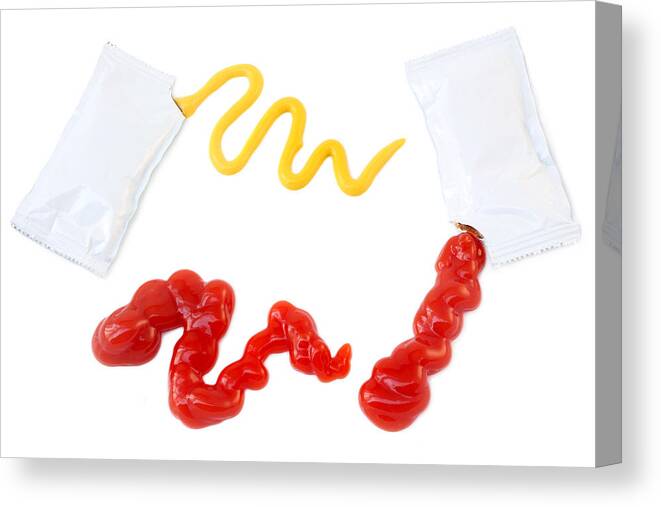 White Background Canvas Print featuring the photograph Ketchup and Mustard Packets by Cveltri