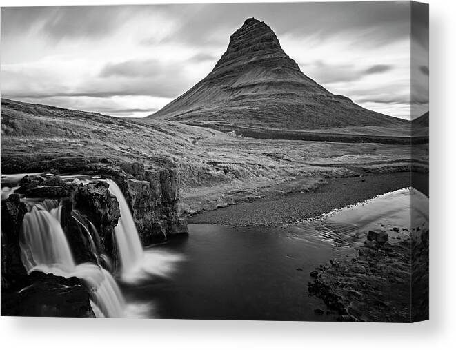 Kirkjufell Canvas Print featuring the photograph Kirkjufell Mountain Waterfalls in Snaefellsnes Peninsula Grundarfjorour Iceland Black and White by Toby McGuire