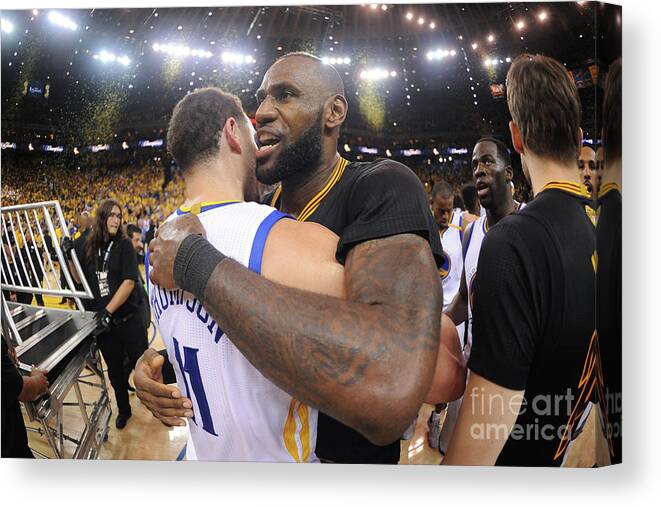 Lebron James Canvas Print featuring the photograph Klay Thompson and Lebron James by Noah Graham